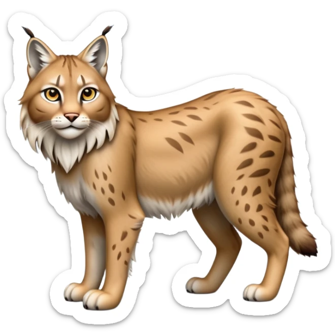Cinematic-Lynx-Realistic-Full-Body-Standing on all fours-Emoji – head tilted dramatically, fur with faint spotting, long legs and large paws poised elegantly, simplified yet realistic focused features, highly detailed, glowing with an almost sarcastic glow zoomed out showing fluffy shoulders sticker
