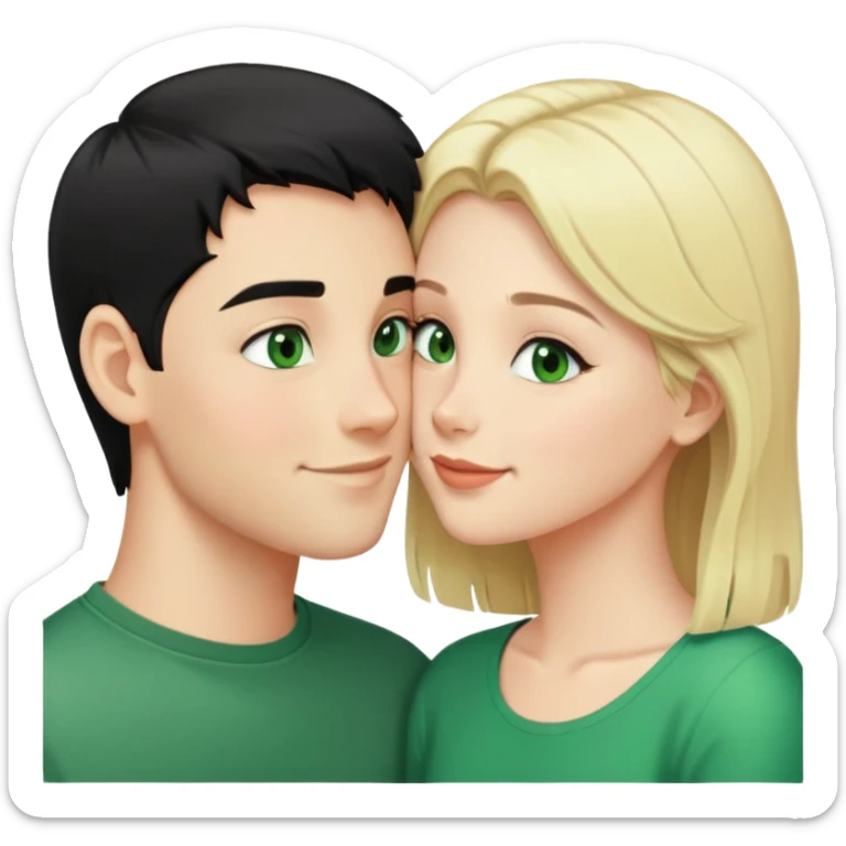 Smiling kissing couple of boy with short black hair and green eyes and blonde girl with long hair sticker