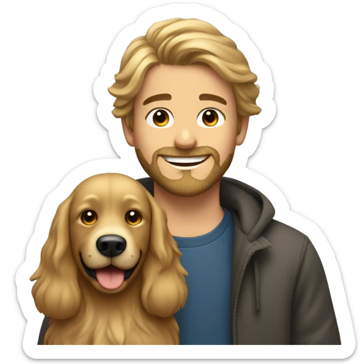 smiling bearded dark blonde boy with and long hair with dog indoors sticker