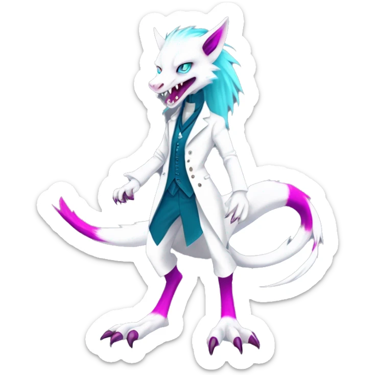White elegant beautiful natural cute badass epic anthro modern albino sergal-vernid-Fakémon with cyan mane and magenta eyes with cyan edgy stripes, anthropomorphic, two-legged, digitigrade, full body sticker