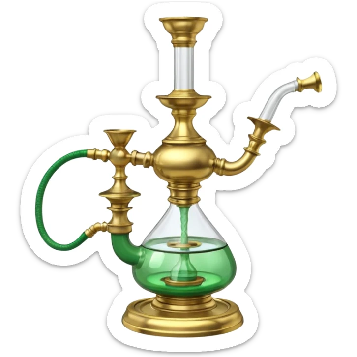 Brass hookah with green design on a glass water base and a glass banger on the top; with two outlet sticker
