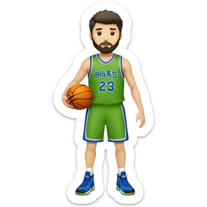 Full Body  white male basketball player with short dark shaggy hair and gold tee beard wearing blue and green uniform sticker