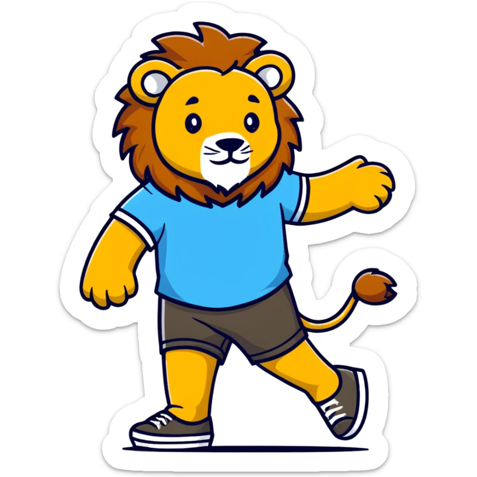 retro 1950s anthropomorphised lion in a t-shirt and shorts walking sticker