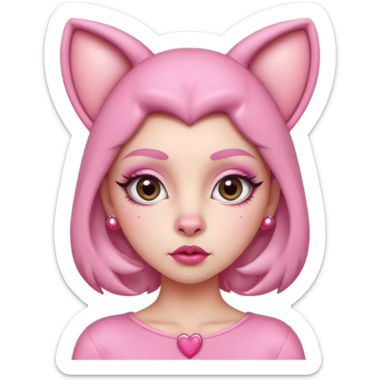 A woman dressed as a pink panther with soft pink skin, big expressive eyes, and glossy lips has a calm, pouty look. Pink animal ears and subtle heart details give her a sweet, playful vibe sticker