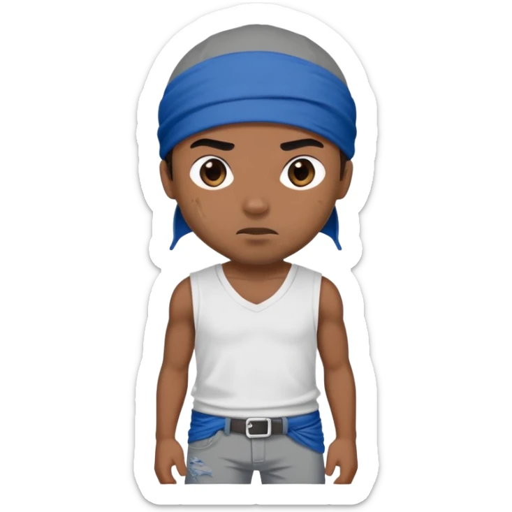a gangster in torn gray underpants, a white T-shirt, with a blue bandana on his left shoulder and a black cap sticker