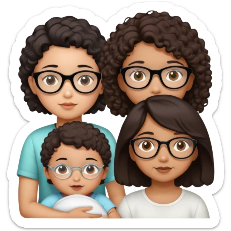 make a girl with black glasses and mid length brown hair, an indian girl with short curly brown hair, an asian boy with black hair that covers one of his eyes, and a white baby girl with a bob sticker
