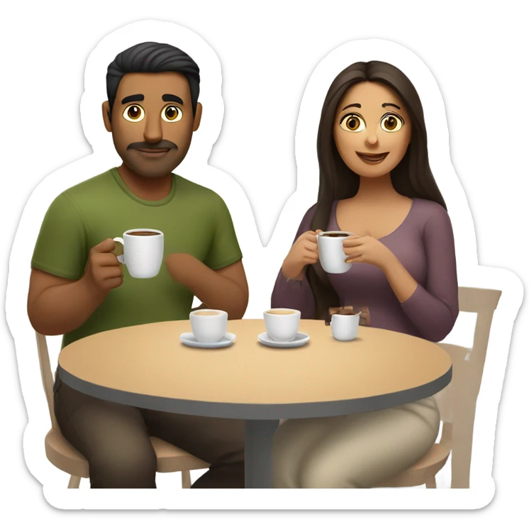 Thick brunette woman drinking coffee with Indian man sticker