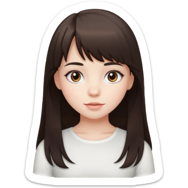 brunette girl with dark brown eyes, pale rosy skin, long hair and wispy bangs and a white top  sticker