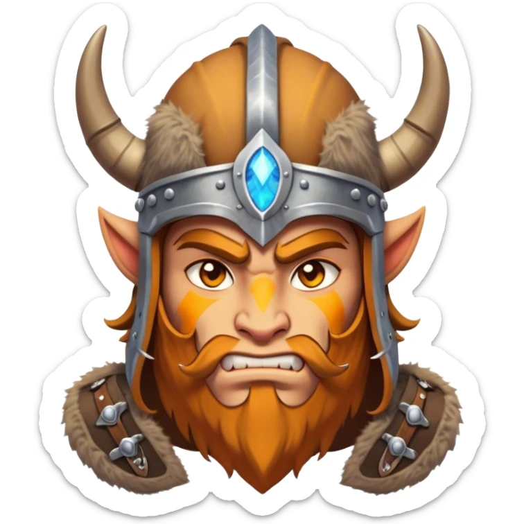 Clash of Clans aesthetic: Cinematic Fierce Barbarian Portrait Emoji, Poised and bold with a rugged yet cartoonish build in tattered furs and a horned helmet, his exposed skin a rich tan, expressive bright eyes and a confident smirk, Simplified yet dynamic features, highly detailed, glowing with a vivid, adventurous aura, high shine, heroic and spirited, stylized with an air of medieval warrior charm, focused and energetic, soft glowing outline, capturing the essence of a fearless barbarian adventurer ready to lead his clan with spirited valor! sticker