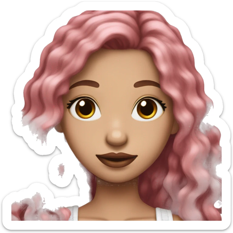 Long dark red middle part hair very Long lashes, white skin and pink lips, braces sticker