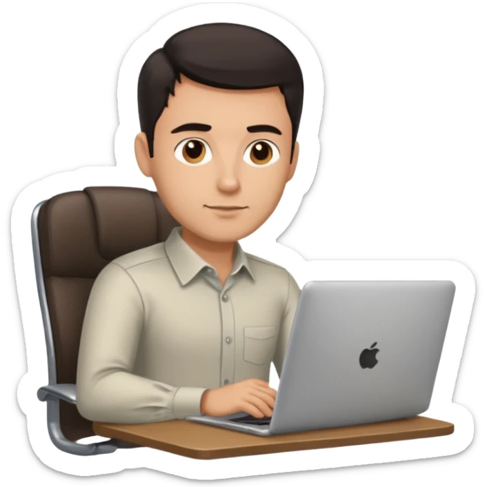 Rich man sitting on a office chair, working at desk, looking to laptop in shirt, dark hair, he is german very beautiful looks like, full body view sticker