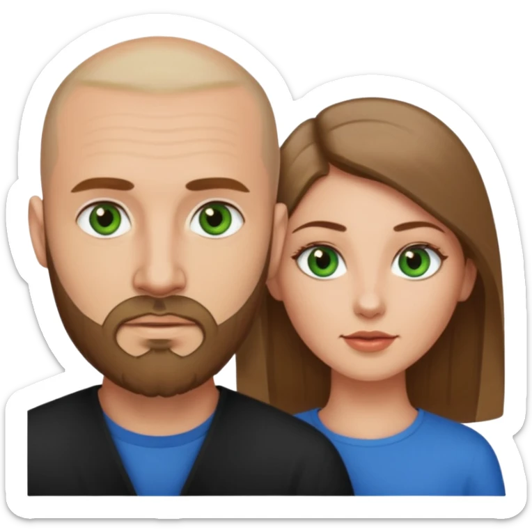 Man on left with shaved head with dark blonde beard and blue eyes, woman on the right with long dark brown hair green eyes  sticker