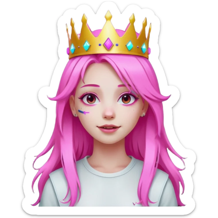 girl neon cyberpunk light pink happy long hair crown white and pink sticker