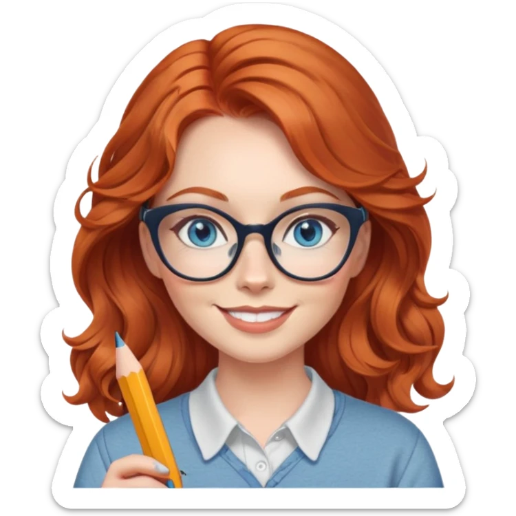 redheaded woman with long wavy hair, blue eyes, cat-eye glasses, casual outfit, holding a pencil, smiling sticker
