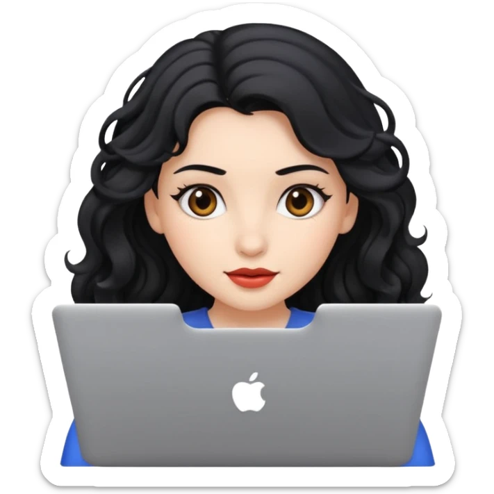 Beautiful girl, with black hair, with wavy hair, and with a laptop  sticker