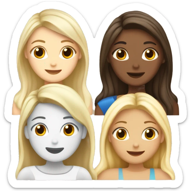 Four beautiful white european girls, one with blond hair and three with dark blond hair in dresses drinking coffee sticker