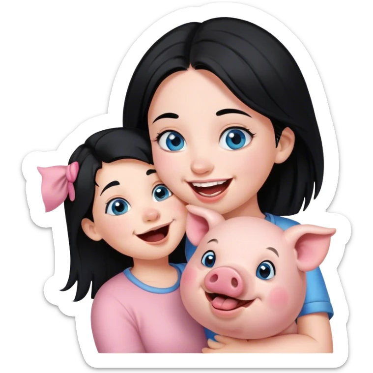  girl with blue eyes and black hair. She is laughing at her pig. Her pig is trying to kiss her  sticker