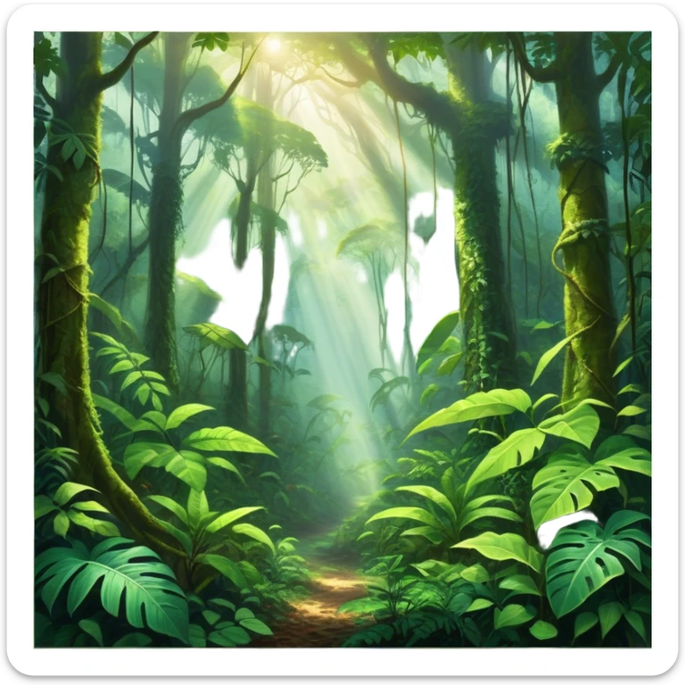 Cinematic Realistic Rainforest Emoji in a wooden frame, Lush and vibrant, filled with towering trees, thick vines, and dense green foliage, sunlight filtering through the canopy above, creating dappled patches of light on the rich, diverse undergrowth. The air is heavy with moisture, with mist rising from the forest floor and distant calls of exotic birds and animals echoing through the trees. Soft glowing outline, capturing the essence of a thriving, untamed tropical paradise filled with life! sticker