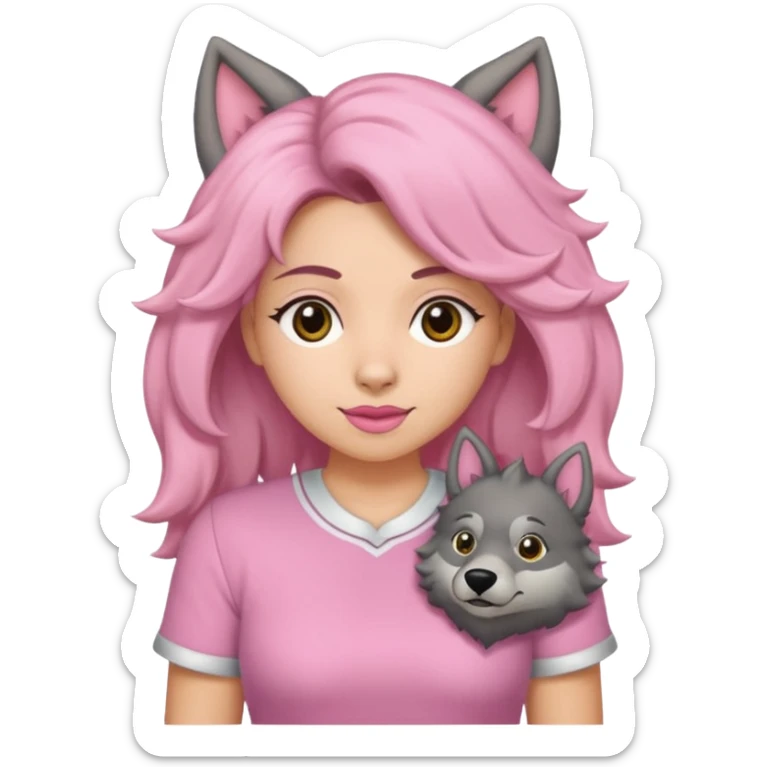 Garota loira fofa de cabelo comprido usando uma blusa rosa ao lado de um lobo sticker