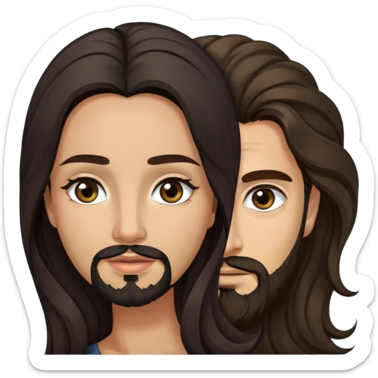 woman with olive skin, brown eyes and long lashes, and long black wavy hair with pale skinned hazel eyed man with brown hair and beard sticker