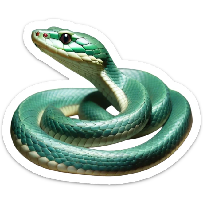 Cinematic Noble Chinese Water Snake Portrait Emoji, Poised and graceful, with a slender, sinuous build and a sleek, iridescent coat of muted greens and blues, deep-set soulful eyes, Simplified yet sharp and sophisticated features, highly detailed, glowing with a soft, dignified aquatic glow, high shine, intelligent and fluid, stylized with an air of waterborne elegance, focused and attentive, soft glowing outline, capturing the essence of a watchful and confident water snake that feels as though it could glide out of the screen with effortless authority! sticker