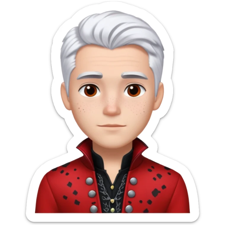 Carlos from Descendants, white hair with black roots, freckles, red black and white outfit sticker