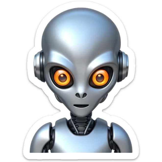 robotic alien character, metal body parts, glowing eyes, futuristic alien design, sci-fi vibe, 3D cartoon, mobile game icon style, clean background, no text, no watermark
 sticker