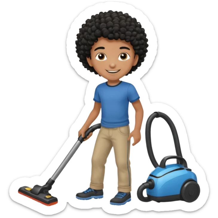 Emoji to encourage kids to do chores - should contain something about house chores, ok replace the broom with a vaccum make it atheltic boy 8 years old - egyptian with curly hair but not too curly -  sticker