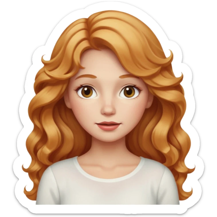 white adult woman with strawberry blonde super long wavy hair, white top, blushed cheeks sticker