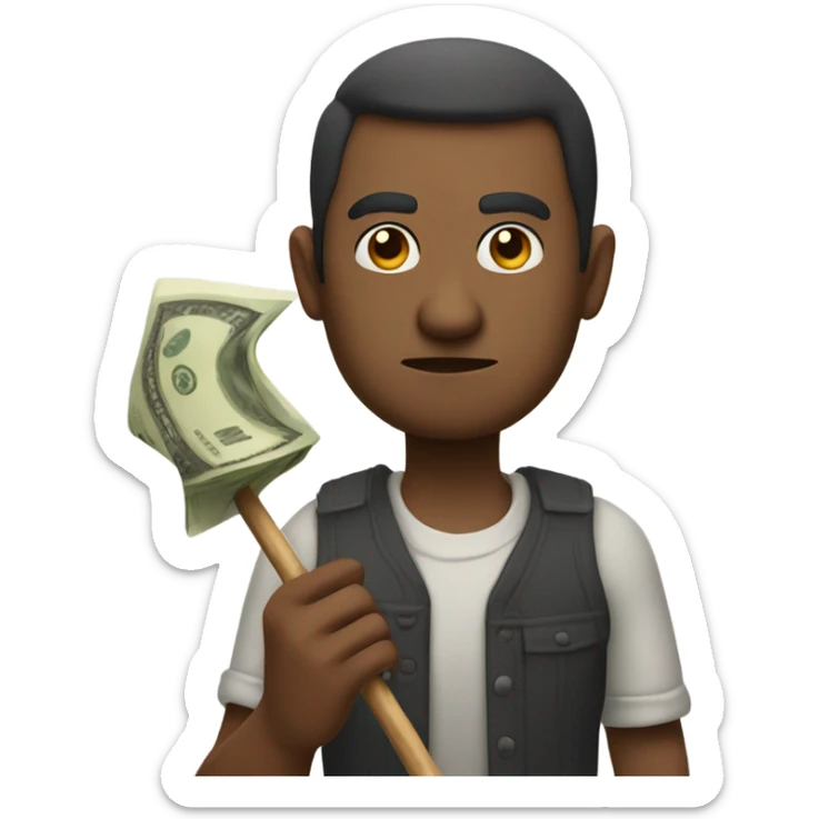 Man sticking out his hand with money and a scowl and a stick in the other hand sticker