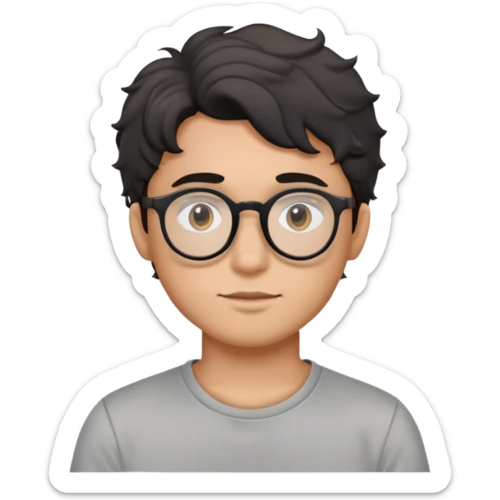 Young man with black wavy hair, round glasses, casual grey t-shirt sticker