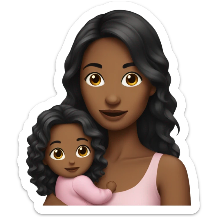 Woman long wavy black hair holding a baby girl sticker