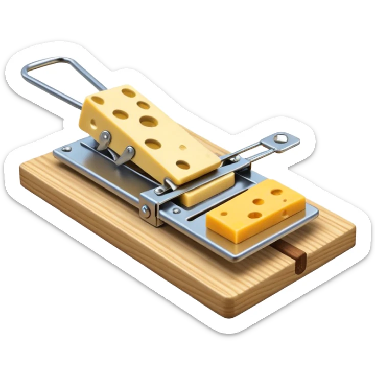 A 3D emoji in iOS emoji aesthetic style of a classic mousetrap with a wooden base and a metal spring mechanism, holding a small piece of yellow cheese, clean and detailed design, white background, glossy Apple-style rendering sticker