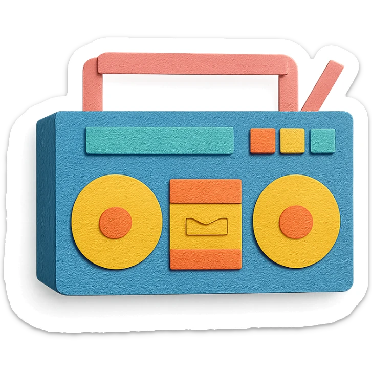 modern boombox with simple shapes and playful colors, paper-craft style sticker