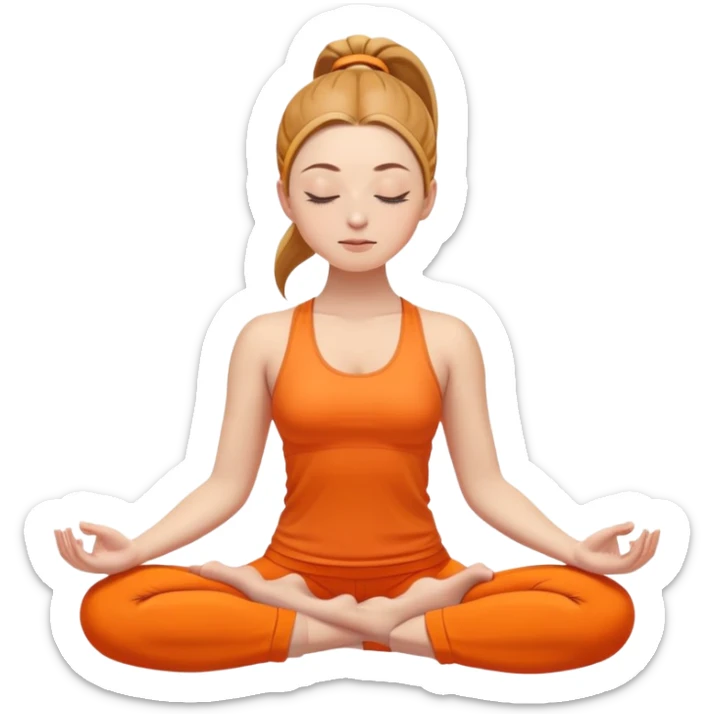 caucasian woman with ponytail in lotus position meditating, eyes closed, peaceful expression, bright orange yoga clothes sticker