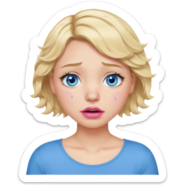 Girl Blonde short wavy hair,  blue eyes, cute blue top, long lashes, pink lips,crying with big tears running down the face  sticker
