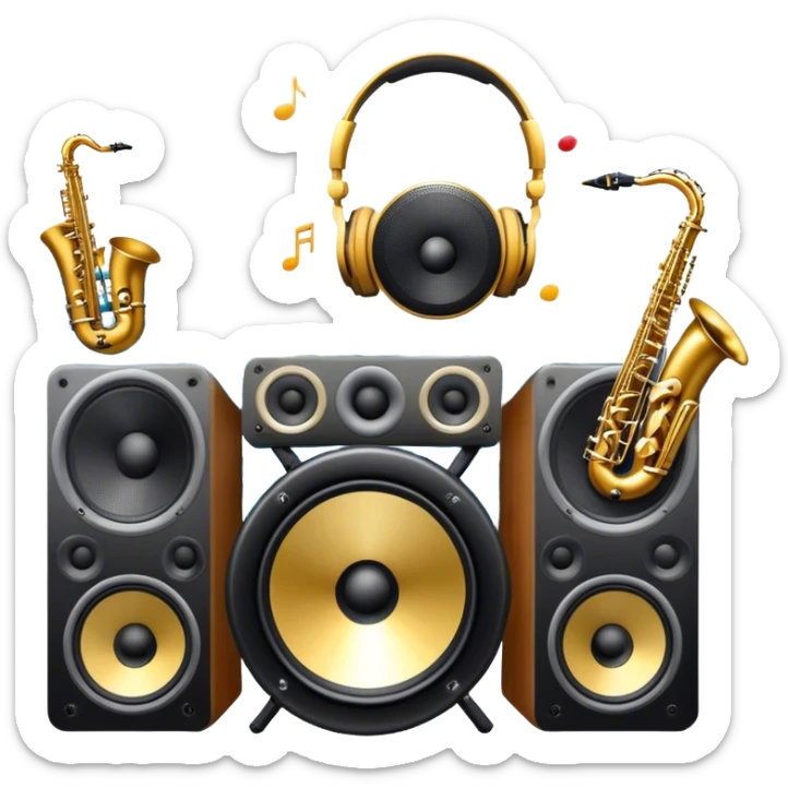 Icon for R&B Music Listening: large concert speakers and headphones with waves of musical notes coming out, along with drums and bass guitar and saxophone. The icon should convey the energetic and rhythmic vibe of R&B music. Transparent background sticker