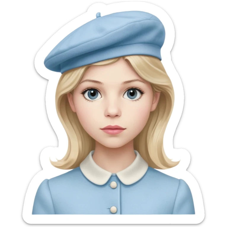 Clemence Poesy is Fleur Delacour in harry potter, light blue dress, light blue classic French beret – soft, round, and slightly tilted to one side, pink lips sticker