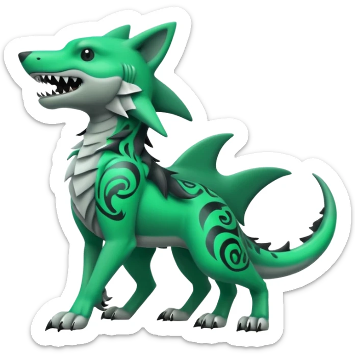 Edgy cool badass Neon-green landhai-sergal-wolf-canine, with a shark tail, with black and dark-green swirly patterns markings sticker