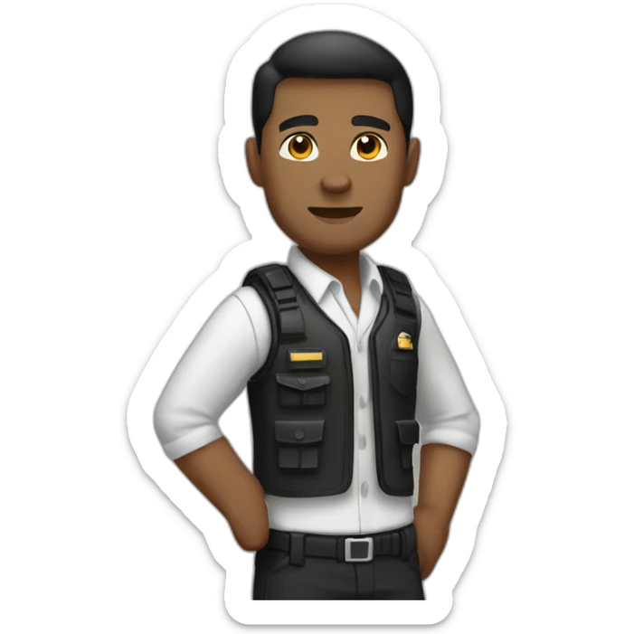 Security agent, white shirt and black pants. and vest. Brownish skin. RAISED HAND. sticker