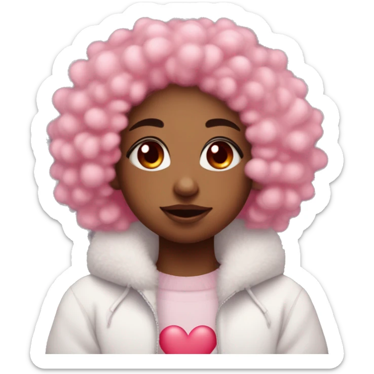 a shy cold cute girl with pink fluffy hair with pink heart eyes and lil red horns and whit ski tone with a ind seance of kindeness sticker
