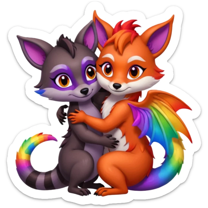 black female raccoon dragon hybrid with rainbow colored wings and purple eyes giving a big hug to a red female fox dragon hybrid with rainbow colored wings and orange eyes sticker