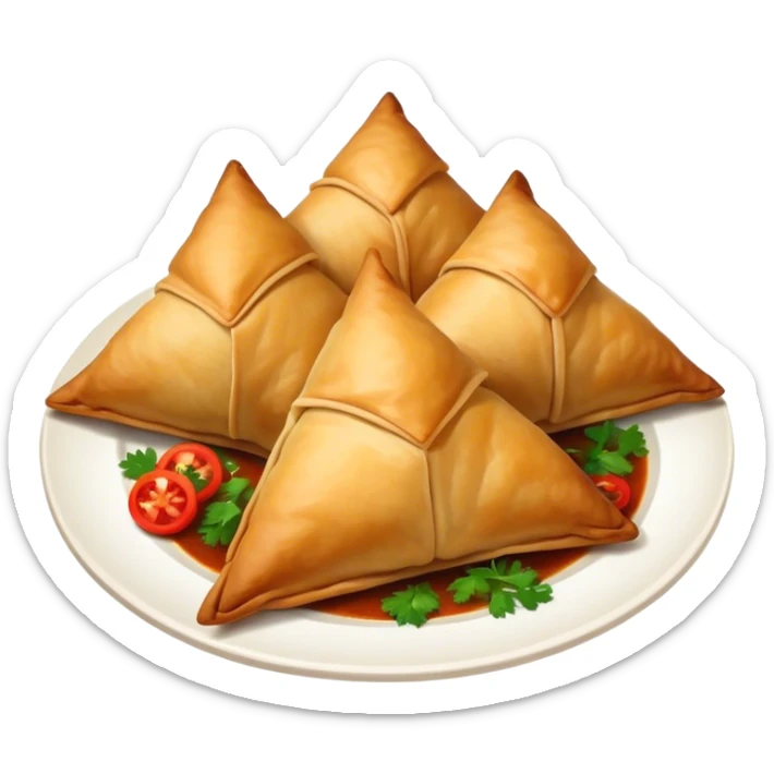 Samosa Cinematic Realistic Samosa Snack Emoji, depicted as a crispy, golden triangular pastry filled with spiced vegetables or meat, rendered with rich textures and vibrant, appetizing lighting. sticker
