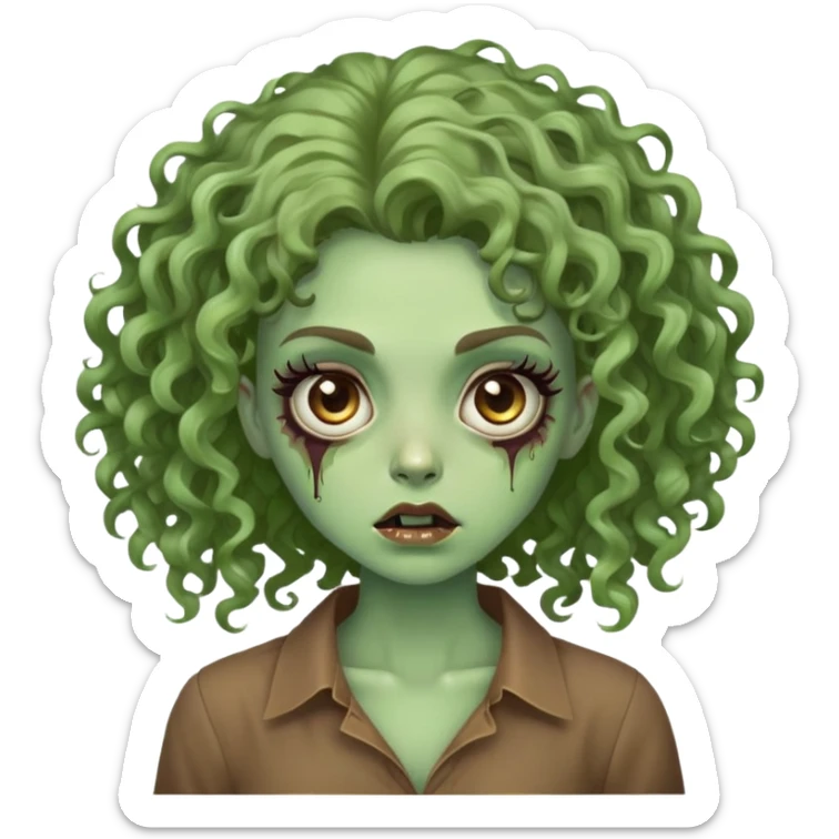 Garota zumbi verde claro, cabelo cacheado grande para frente, blusa marrom, cilios grande sticker