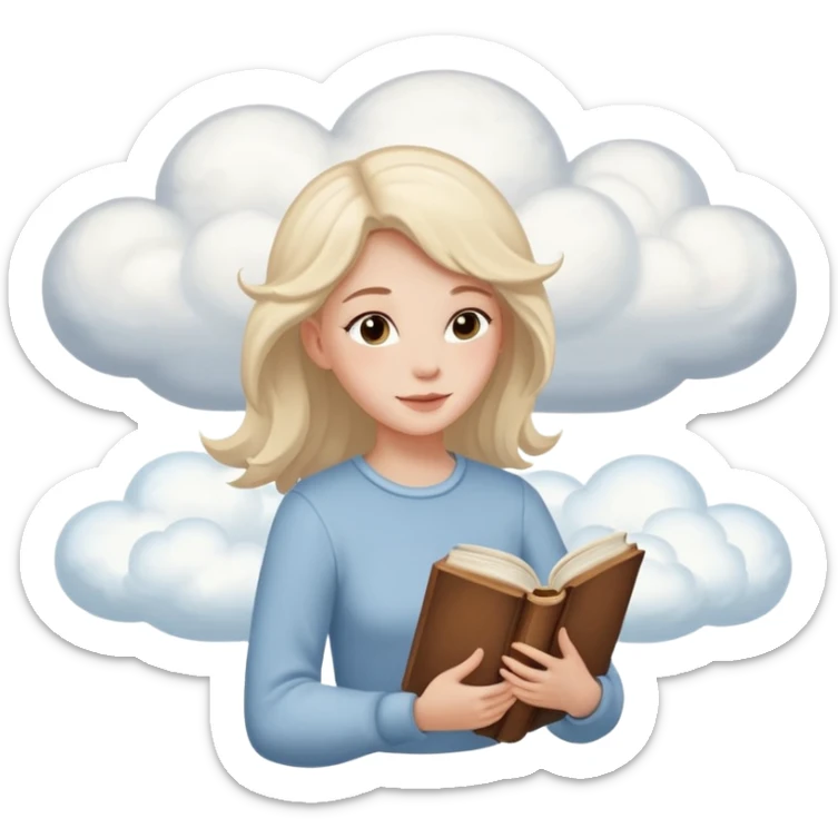 Dreamy, kind, empathetic — like they’re not fully grounded. woman flying in the clouds with a book sticker
