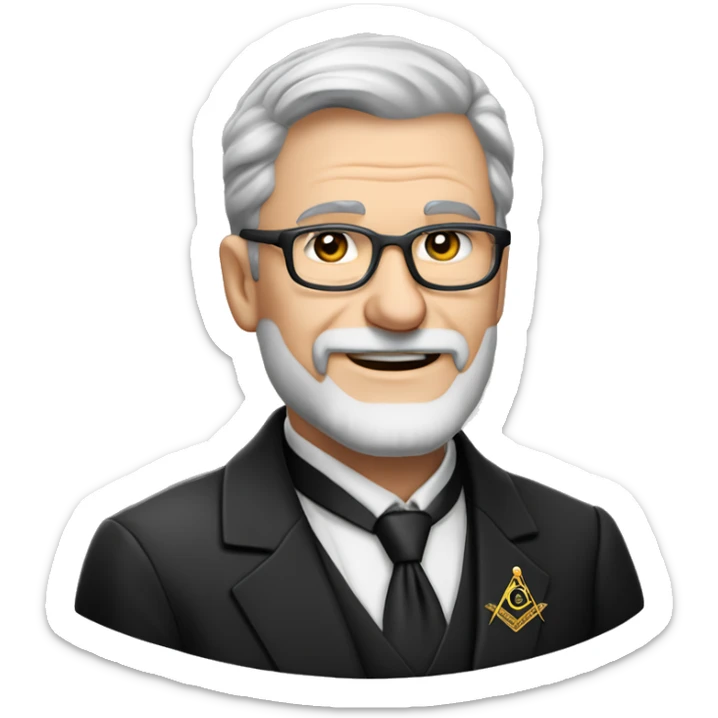 60 year old Caucasian male with grey hair, glasses and a grey goatee beard wearing a black dinner suit with a Masonic emblem on the left lapel. Make the man's face rounder sticker