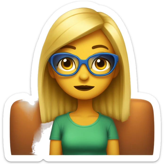 Chica pixar rubia con ojos azules y gafas cuadradas de metal dorado. Está sentada en un sofá con un gato naranja de ojos color miel y una gata tricolor de ojos verdes sticker