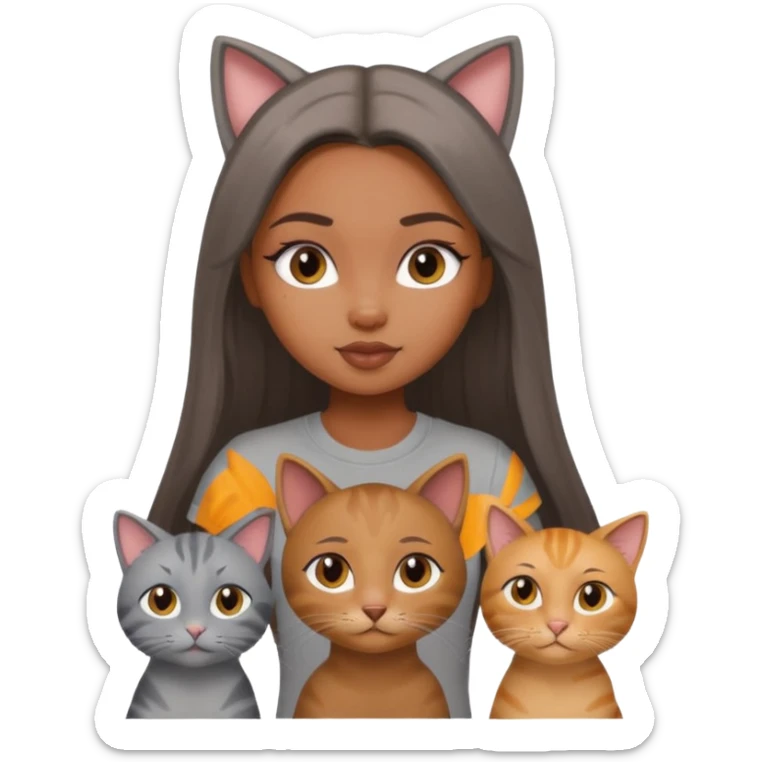a pretty bratz dusky girl with long straight hair with four cats nd wearing a grey tshirt sticker