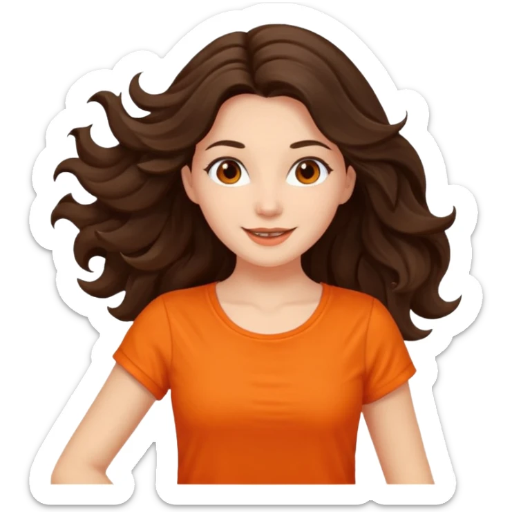 Long dark wavy hair women in orange top twirling around sticker