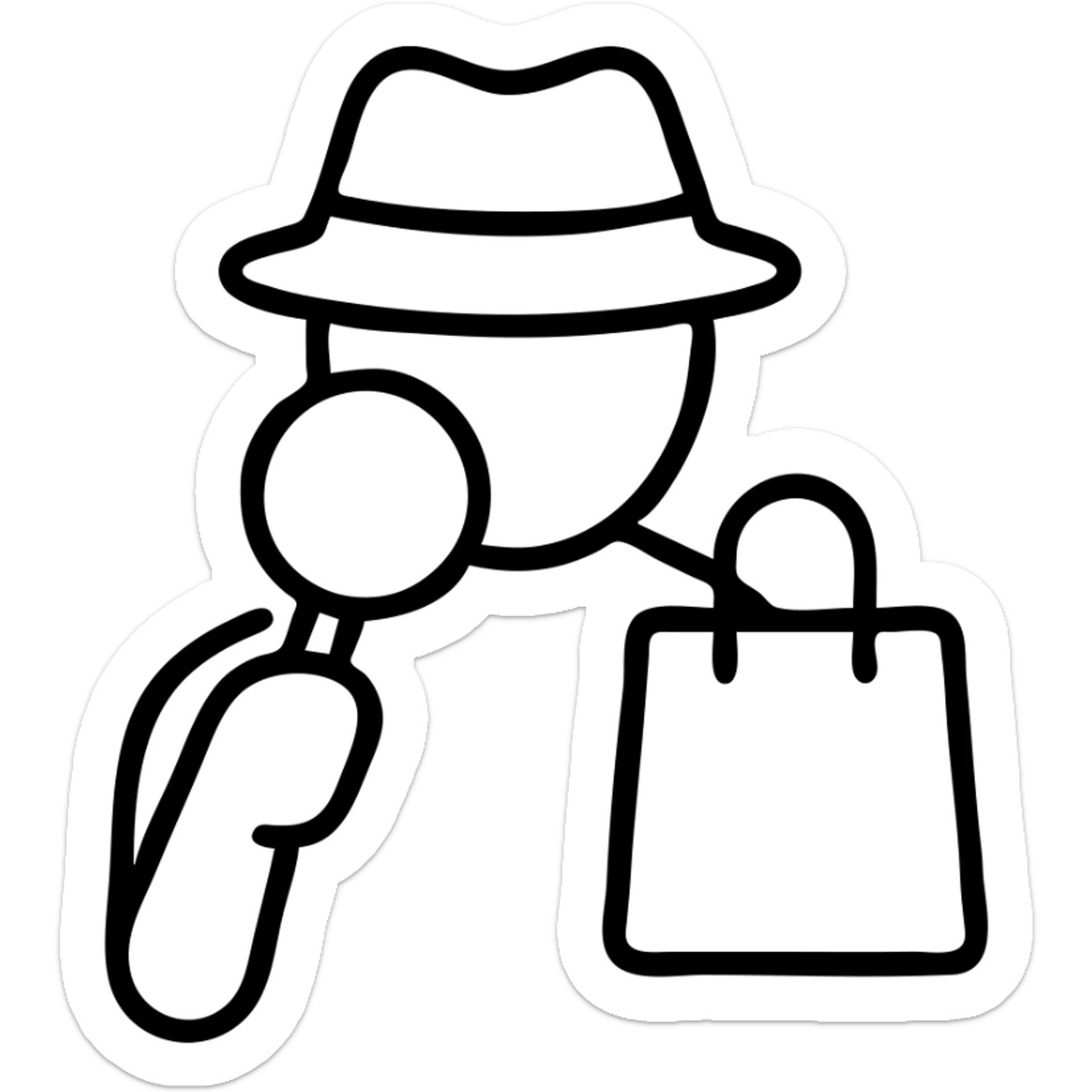 outlined icon of a mystery shopper with a magnifying glass and shopping bag sticker